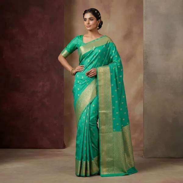 Rama_Green_Silk_Buti_Zariwork_Saree_With_Matching_Blouse_Piece