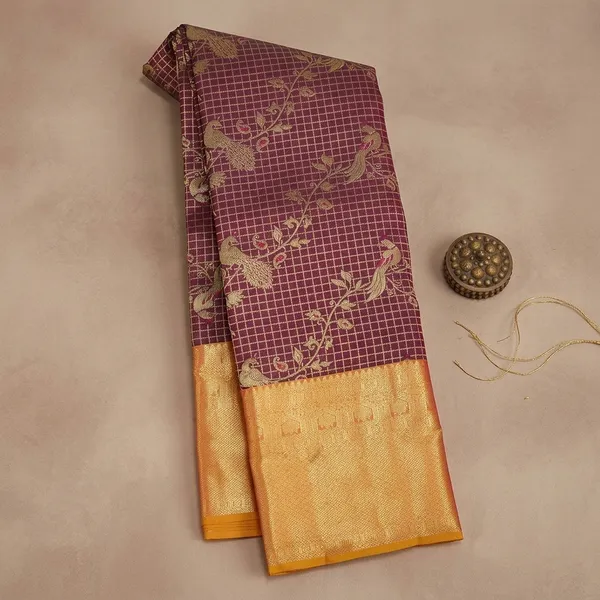 Wine_Silk_Checks_Saree_With_Matching_Blouse_Piece