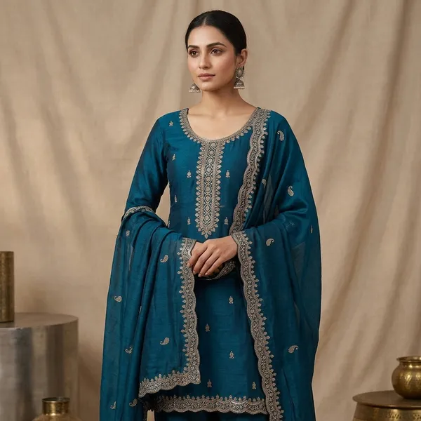 Peacock_Blue_Georgette_Gold_Zariwork_Unstitched_Dress_Material_With_Matching_Bottom_And_Dupatta