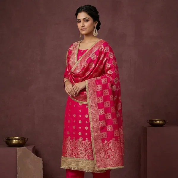 Rani_Pink_Dola_Silk_Gold_Zariwork_Unstitched_Dress_Material_With_Matching_Bottom_And_Dupatta