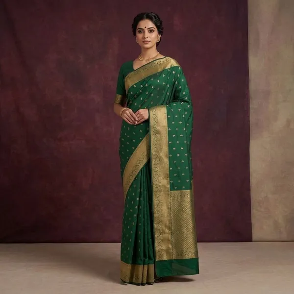 Bottle_Green_Silk_Buti_Gold_Zariwork_Saree_With_Matching_Blouse_Piece
