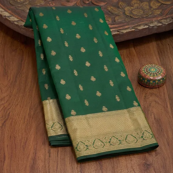 Bottle_Green_Silk_Buti_Gold_Zariwork_Saree_With_Matching_Blouse_Piece