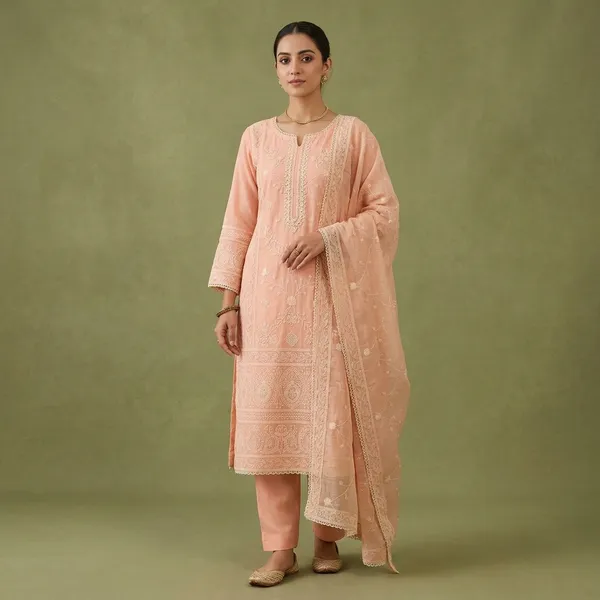 Peach_Cotton_Threadwork_Unstitched_Dress_Material_With_Matching_Bottom_And_Dupatta