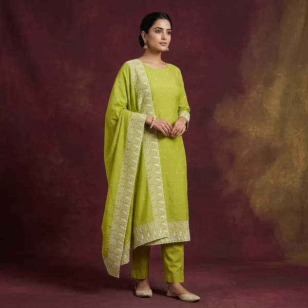 Lime_Green_Threadwork_Chanderi_Unstitched_Salwar_Suit