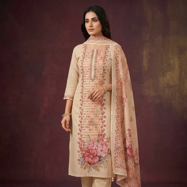 Beige_Threadwork_Linen_Unstitched_Salwar_Suit