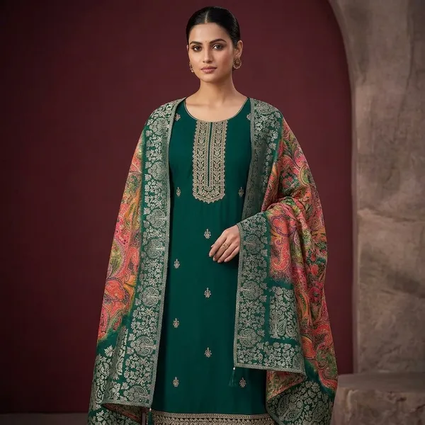 Bottle_Green_Dola_Silk_Threadwork_Unstitched_Dress_Material_With_Matching_Bottom_And_Dupatta