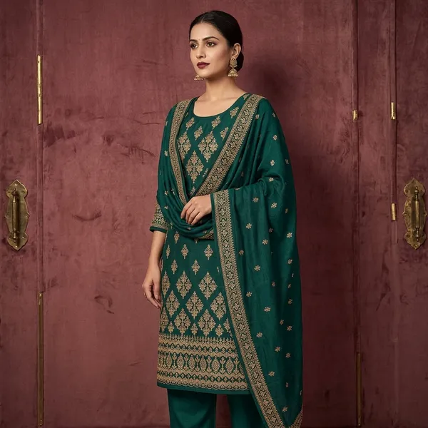 Bottle_Green_Soft_Raw_Silk_Cording_Unstitched_Dress_Material_With_Matching_Bottom_And_Dupatta
