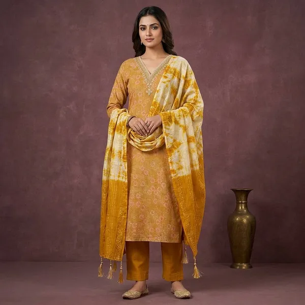 Mustard_Chanderi_Floral_Pearlwork_Unstitched_Dress_Material_With_Matching_Bottom_And_Dupatta