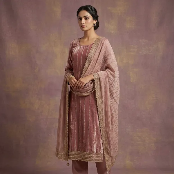 Peach_Tissue_Gold_Stonework_Unstitched_Dress_Material_With_Matching_Bottom_And_Dupatta
