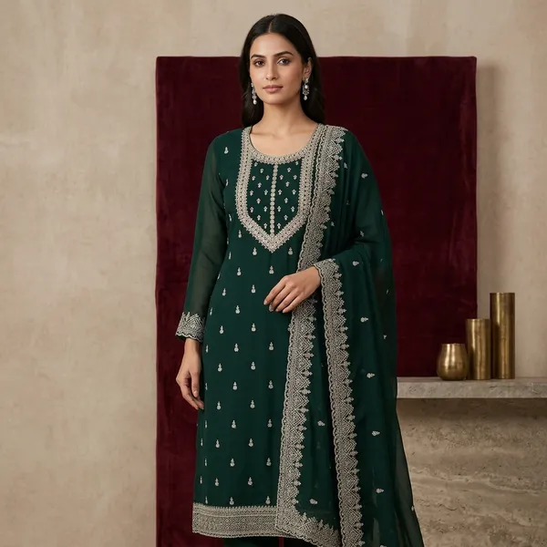 Bottle_Green_Soft_Raw_Silk_Gold_Zardozi_Work_Unstitched_Dress_Material_With_Matching_Bottom_And_Dupatta