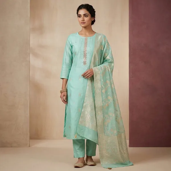 Sea_Green_Zariwork_Gold_Chanderi_Unstitched_Salwar_Suit