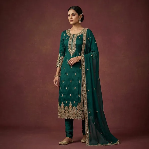 Peacock_Green_Zariwork_Gold_Chinon_Unstitched_Salwar_Suit