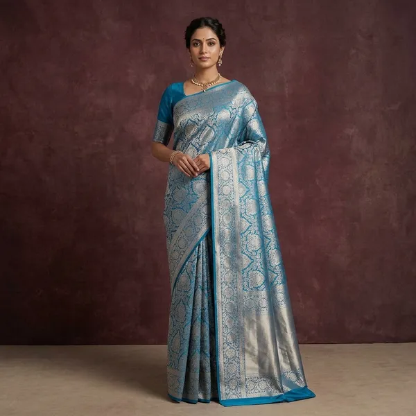 Peacock_Blue_Zariwork_Gold_Pure_Silk_Silk_Saree