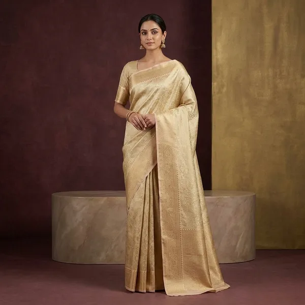 Beige_Silk_Jaal_Saree_With_Matching_Blouse_Piece