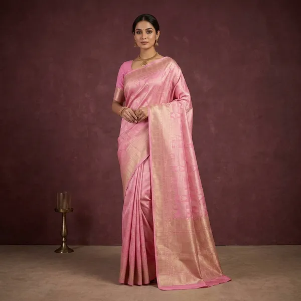 Pink_Silk_Checks_Saree_With_Matching_Blouse_Piece