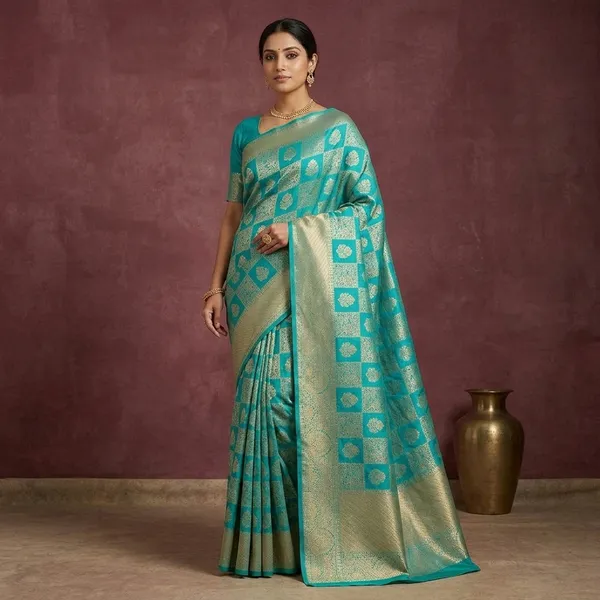 Rama_Green_Silk_Checks_Saree_With_Matching_Blouse_Piece