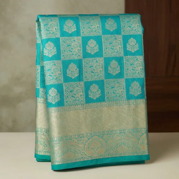 Rama_Green_Silk_Checks_Saree_With_Matching_Blouse_Piece