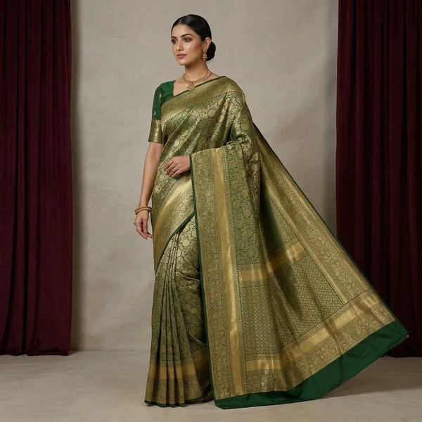 Bottle_Green_Zariwork_Gold_Silk_Silk_Saree
