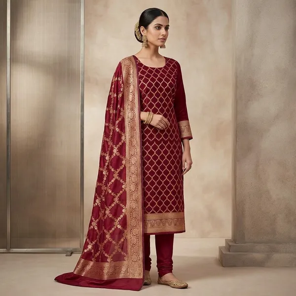 Magenta_Pink_Zariwork_Gold_Silk_Unstitched_Salwar_Suit