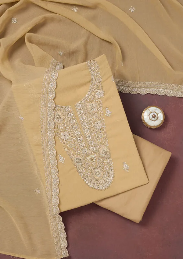 Beige_Chinon_Gold_Zariwork_Unstitched_Dress_Material_With_Matching_Bottom_And_Dupatta