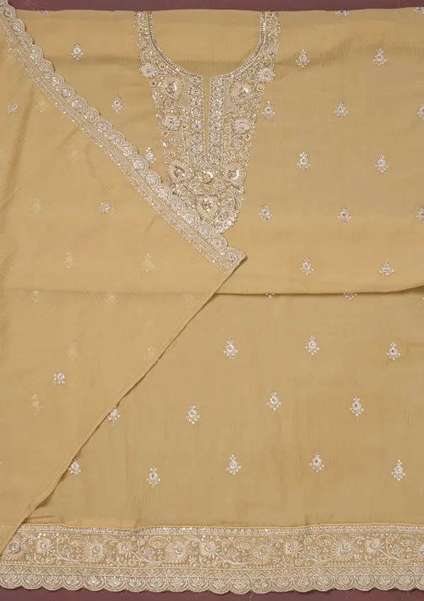 Beige_Chinon_Gold_Zariwork_Unstitched_Dress_Material_With_Matching_Bottom_And_Dupatta