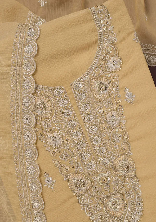 Beige_Chinon_Gold_Zariwork_Unstitched_Dress_Material_With_Matching_Bottom_And_Dupatta