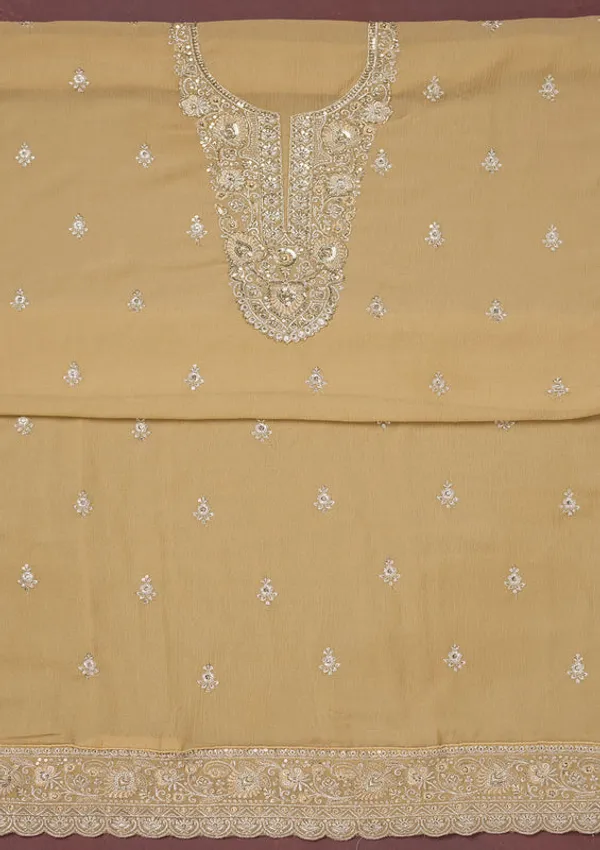 Beige_Chinon_Gold_Zariwork_Unstitched_Dress_Material_With_Matching_Bottom_And_Dupatta