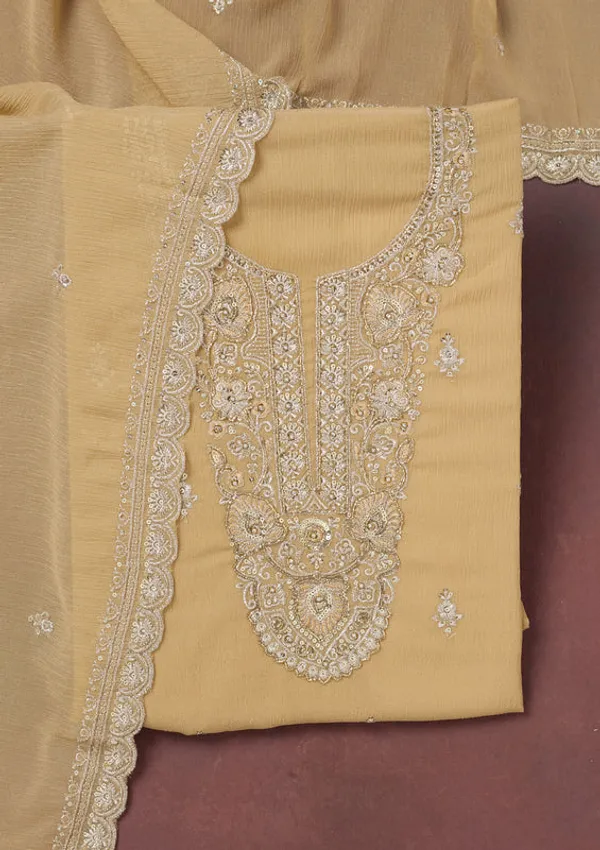 Beige_Chinon_Gold_Zariwork_Unstitched_Dress_Material_With_Matching_Bottom_And_Dupatta