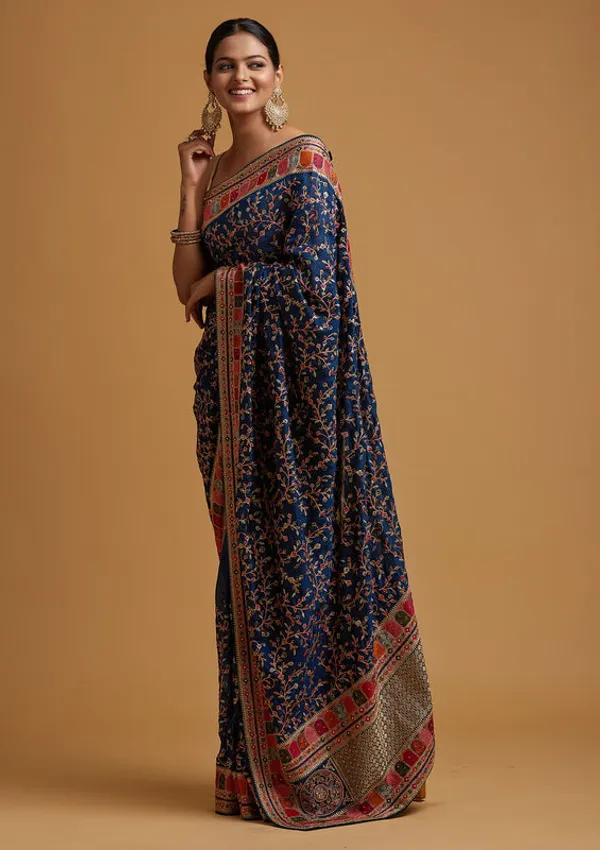 Peacock_Blue_Georgette_Gold_Zariwork_Saree_With_Matching_Blouse_Piece