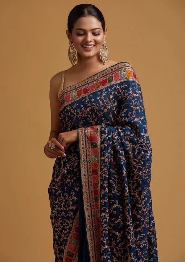 Peacock_Blue_Georgette_Gold_Zariwork_Saree_With_Matching_Blouse_Piece