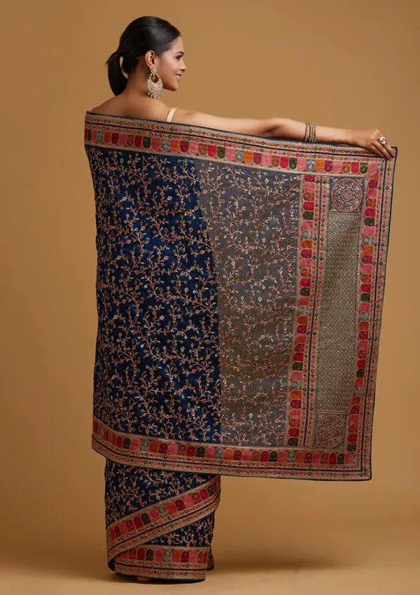 Peacock_Blue_Georgette_Gold_Zariwork_Saree_With_Matching_Blouse_Piece