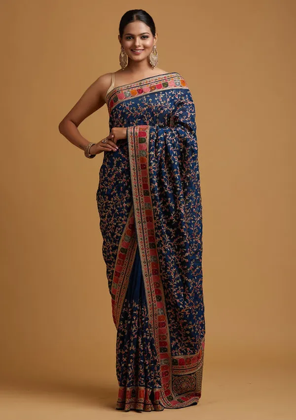 Peacock_Blue_Georgette_Gold_Zariwork_Saree_With_Matching_Blouse_Piece