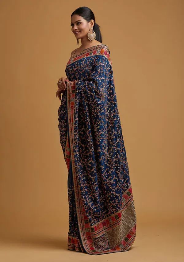 Peacock_Blue_Georgette_Gold_Zariwork_Saree_With_Matching_Blouse_Piece
