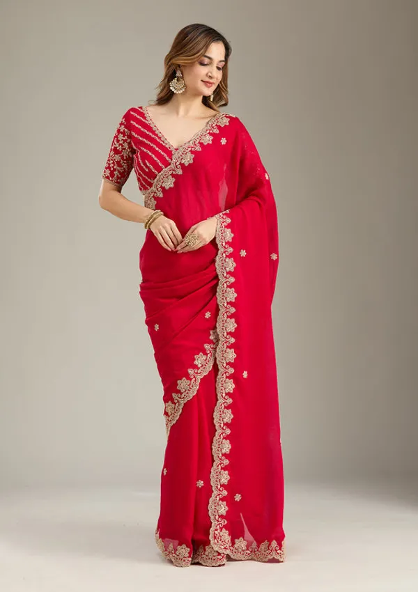 Rani_Pink_Crepe_Cording_Saree_With_Matching_Blouse_Piece