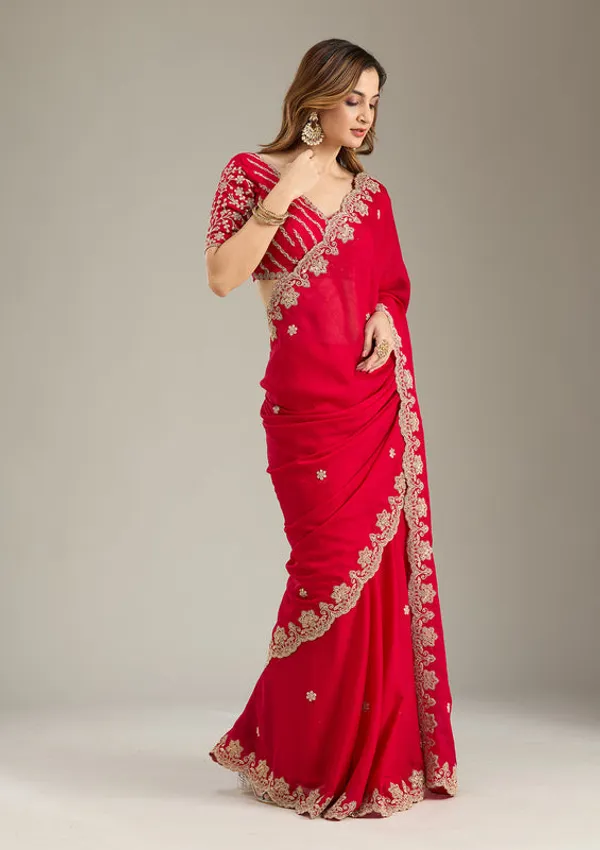 Rani_Pink_Crepe_Cording_Saree_With_Matching_Blouse_Piece