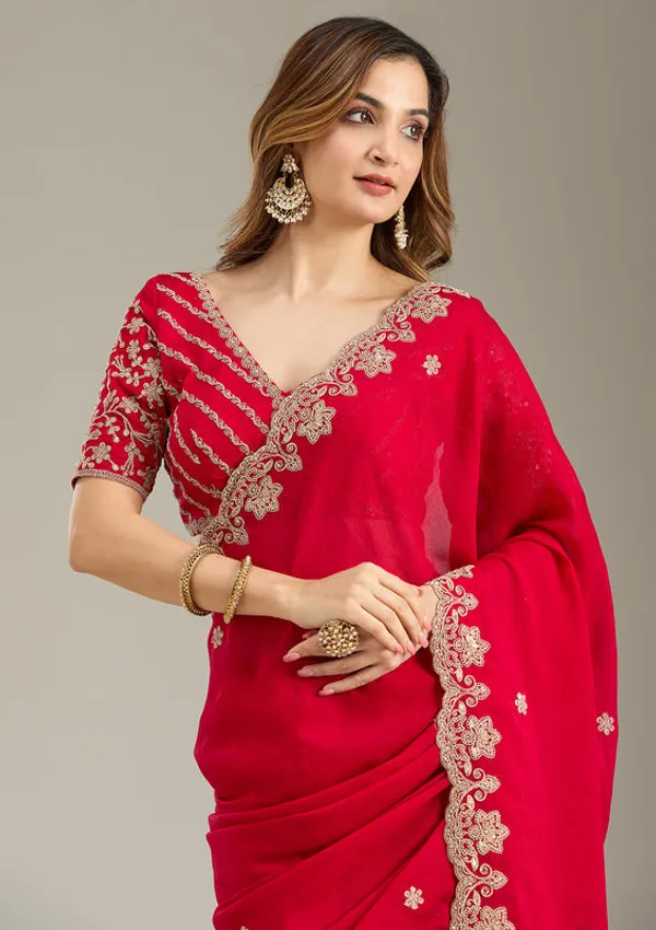 Rani_Pink_Crepe_Cording_Saree_With_Matching_Blouse_Piece