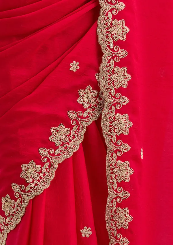 Rani_Pink_Crepe_Cording_Saree_With_Matching_Blouse_Piece