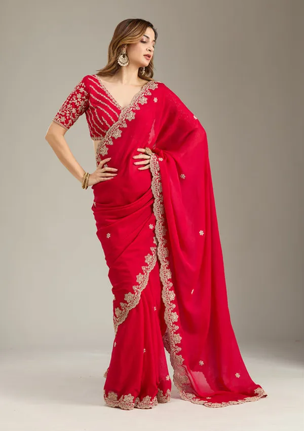 Rani_Pink_Crepe_Cording_Saree_With_Matching_Blouse_Piece