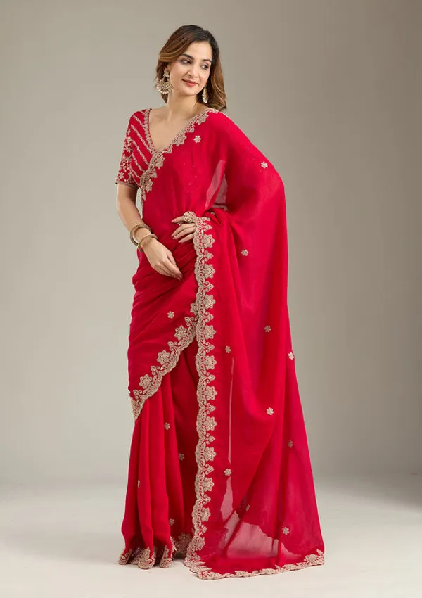 Rani_Pink_Crepe_Cording_Saree_With_Matching_Blouse_Piece
