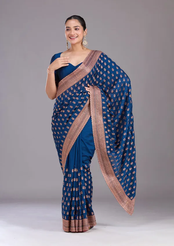 Peacock_Blue_Soft_Raw_Silk_Antique_Zariwork_Saree_With_Matching_Blouse_Piece