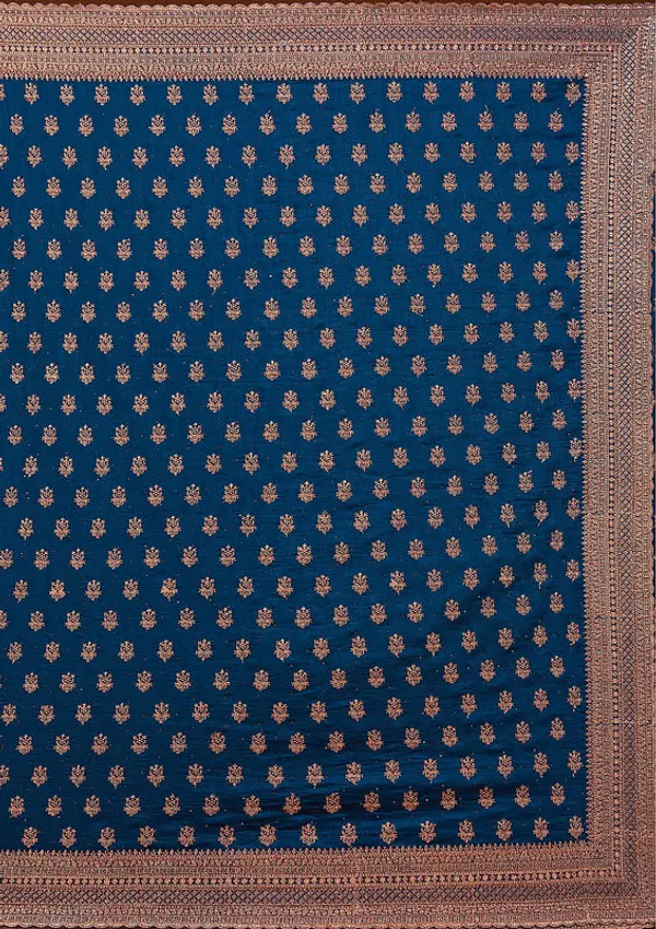 Peacock_Blue_Soft_Raw_Silk_Antique_Zariwork_Saree_With_Matching_Blouse_Piece