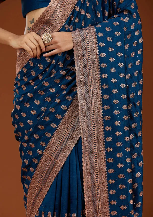 Peacock_Blue_Soft_Raw_Silk_Antique_Zariwork_Saree_With_Matching_Blouse_Piece