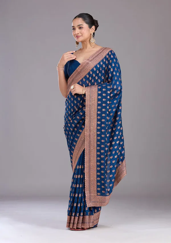 Peacock_Blue_Soft_Raw_Silk_Antique_Zariwork_Saree_With_Matching_Blouse_Piece