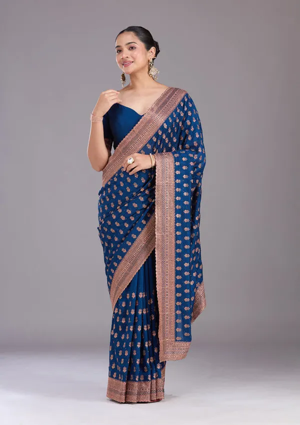 Peacock_Blue_Soft_Raw_Silk_Antique_Zariwork_Saree_With_Matching_Blouse_Piece
