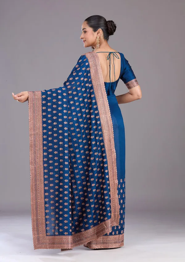 Peacock_Blue_Soft_Raw_Silk_Antique_Zariwork_Saree_With_Matching_Blouse_Piece