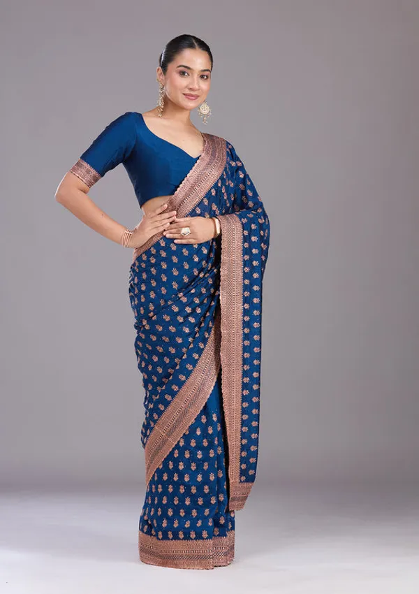 Peacock_Blue_Soft_Raw_Silk_Antique_Zariwork_Saree_With_Matching_Blouse_Piece