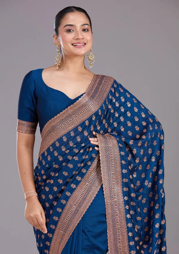 Peacock_Blue_Soft_Raw_Silk_Antique_Zariwork_Saree_With_Matching_Blouse_Piece