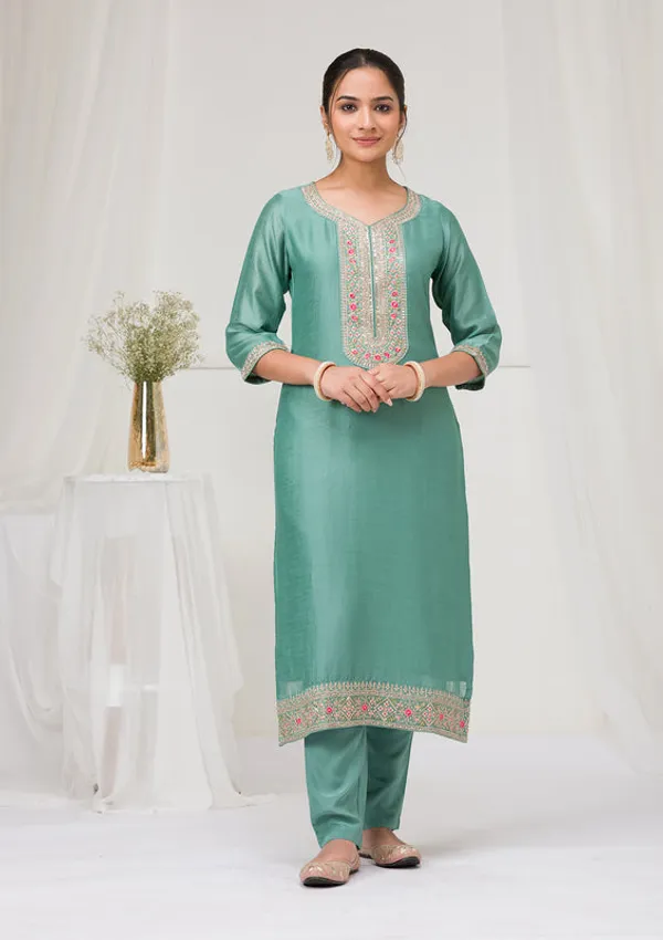 Sea_Green_Soft_Raw_Silk_Threadwork_Straight_Kurta_With_Regular_Pant_And_Dupatta