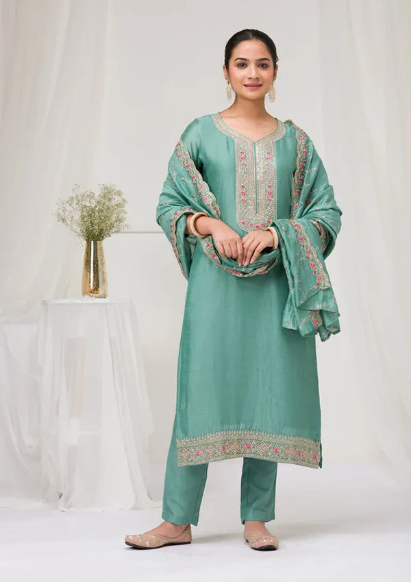 Sea_Green_Soft_Raw_Silk_Threadwork_Straight_Kurta_With_Regular_Pant_And_Dupatta