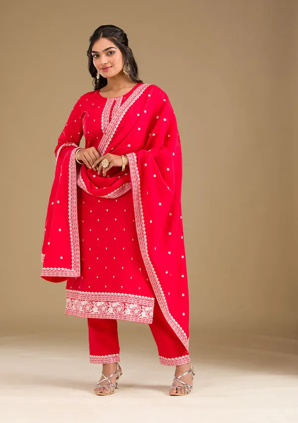 Red_Crepe_Silver_Zariwork_Straight_Kurta_With_Pant_Regular_And_Dupatta